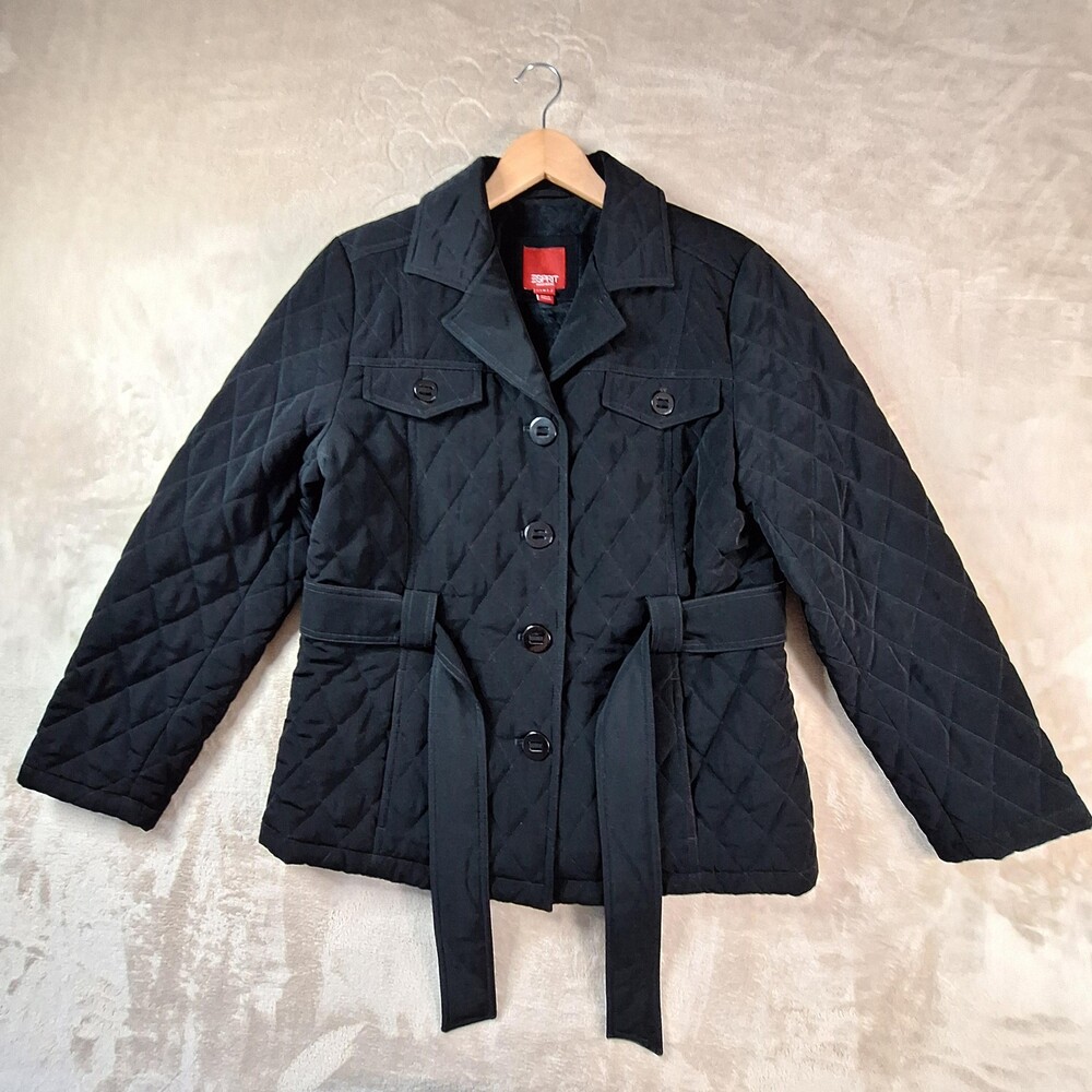 Esprit Jacket Womens Large Black Diamond Quilted Button Front Outerwear Tie Belt